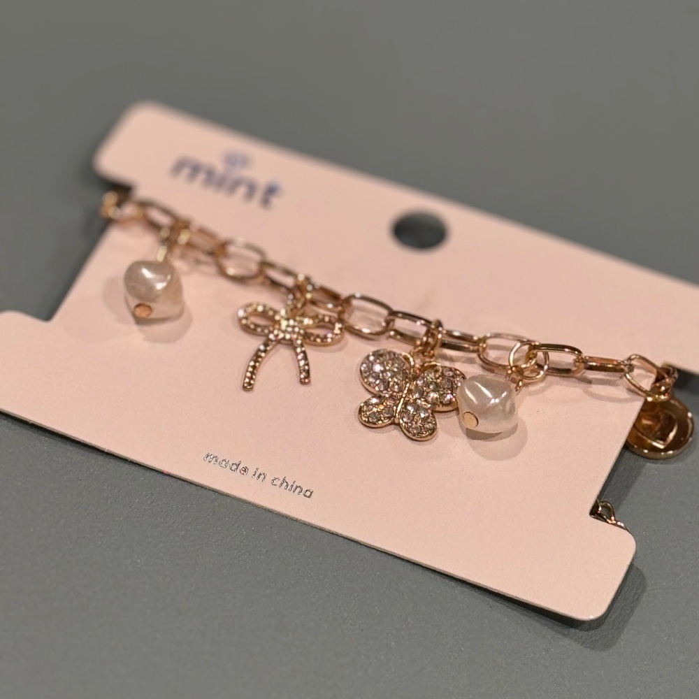 Mint Gold Butterfly and Pearl Charm Bracelet 7-9 inch